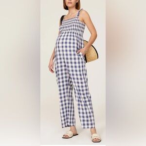 Nom Maternity Jumpsuit in Gingham Blue‎ and White - XS